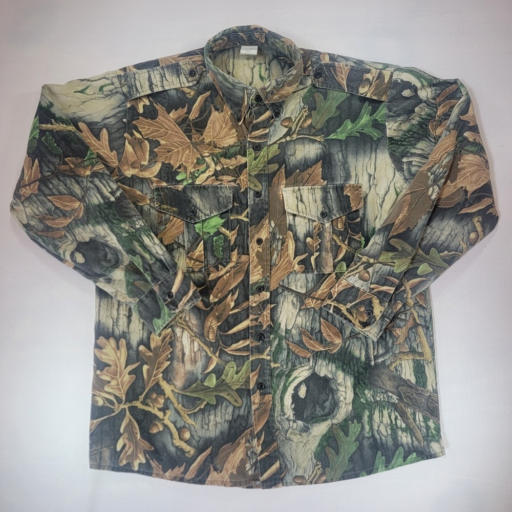 Vintage Reflection Camo Shirt Mens Large Made in USA Forest Oak Leaf Hunting L